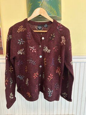 Nordic Design Burgundy Shetland Wool Cardigan Sweater With Multicolor Embroidere
